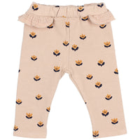 Beige baby pants with floral pattern on a white background