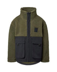A colorblock fleece jacket with an olive green sherpa upper body and sleeves, a dark charcoal gray zippered front panel, and two large front flap pockets.