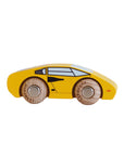 Yellow toy car with wooden wheels on a light beige background