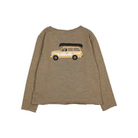 Brown long-sleeve shirt with a car graphic on a white background