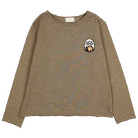 Brown long-sleeve shirt with a logo on a white background