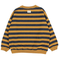 Striped sweater with yellow and navy horizontal stripes on a white background