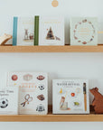 Wooden shelves with children's books and toys against a light blue wall.