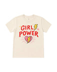 A cream-colored short-sleeve t-shirt with a colorful graphic on the front that reads 'GIRL POWER' in red letters, accompanied by a pink heart, yellow lightning bolt, and small star accents.