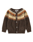 Brown knitted cardigan with patterned shoulders on a white background