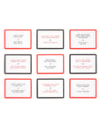 Set of humorous sayings on small cards with red borders.