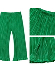 Green pleated pants with close-up details on a white background