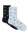 Two pairs of socks, one black and one light blue with heart patterns, on a white background.