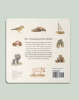 Back cover of a children's book with illustrations of animals and objects on a light green background