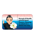 Illustration of a person holding a flower with text about Georgia O'Keeffe.