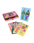 Colorful card set with illustrated characters and a pink box on a white background