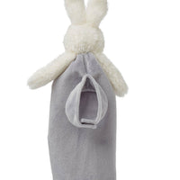 White plush bunny toy wrapped in a gray blanket on a white background