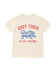 An off-white short-sleeve crewneck t-shirt featuring the classic 'EASY TIGER' graphic in red and blue on the front, with the brand name 'KENZO' visible on the graphic and inside neck label.