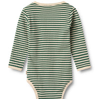 Green and white striped baby bodysuit on a white background