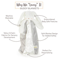 Buddy Blanket with bunny design on a white background, featuring text about its features.