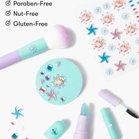 Mermaid-themed makeup set with various tools on a white background, featuring 'Cruelty-Free', 'Phthalate-Free', 'Paraben-Free', 'Nut-Free', and 'Gluten-Free' labels.