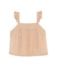 Beige knitted top with ruffled straps on a white background