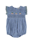 Blue baby romper with ruffled sleeves on a white background