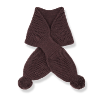 Brown knitted scarf with pom-poms on a white background