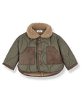 A children's quilted jacket in olive green with brown suede-like front pockets, a brown faux-fur collar, and brown buttons, shown on a plain white background.