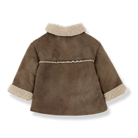 Brown children's coat with beige sherpa lining on a white background