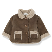 Brown children's coat with beige trim on a white background