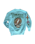 A light blue crewneck sweatshirt featuring the back graphic of the Grateful Dead, including the 'Grateful Dead' text, a skull with a multicolor zigzag pattern, and a sleeve print with three bears and stars.
