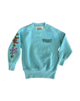 A light blue crewneck sweatshirt featuring a 'Grateful Dead' style logo on the chest and a sleeve decorated with three Grateful Dead-style bears in brown, pink, and yellow stars.