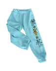 Light blue sweatpants featuring a vertical graphic print of three Grateful Dead-style dancing bears and stars on the left leg, shown against a plain white background.