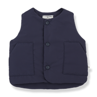 Navy blue vest with button details on a white background