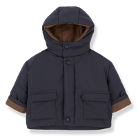 Navy blue children's jacket with brown accents on a white background