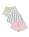 Three pairs of striped shorts in green, blue, and pink on a white background