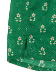 Green fabric with white floral pattern on a white background
