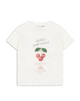 White t-shirt with cherry graphic and text on a white background