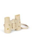 Beige binoculars with a strap on a white background