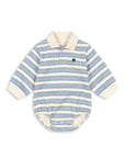 Blue and white striped baby romper with a collar on a white background