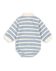 Blue and white striped baby romper on a white background