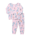 A two-piece children's pajama set featuring a light pink long-sleeve top and matching pants, both printed with a whimsical pattern of blue horses, unicorns, and small flowers.