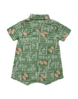 A short-sleeve button-up shirt for pets, featuring a green and white football field pattern with printed brown footballs, shown against a plain white background.