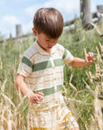 Child in a striped shirt standing in tall grass with a wooden fence in the background