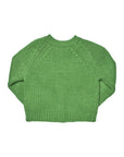 A bright green knit sweater with raglan sleeves and a ribbed crew neck, cuffs, and hem, shown flat against a white background.