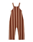 A baby or toddler sleeveless one-piece jumpsuit with vertical brown and beige stripes, featuring adjustable shoulder straps with metal snap buttons, shown against a plain white background.