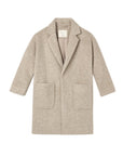 A light beige wool-blend coat with notch lapels, three-quarter sleeves, and two large front patch pockets, shown flat against a white background.