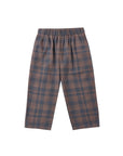 A pair of children's plaid trousers in a muted blue-gray and rust-orange tartan pattern, featuring an elastic waistband, shown against a plain white background.