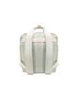 A light sage green striped backpack with cream-colored straps and handles, shown from the back against a solid white background.
