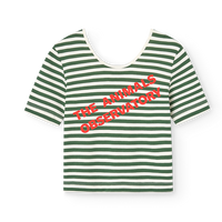 Green and white striped t-shirt with red text on a white background