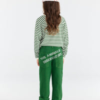 Person wearing a green striped shirt and green pants with 'The Animals Observatory' text, standing on a white background.