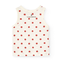 White sleeveless top with red star pattern on a white background