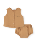 Brown sleeveless top and shorts set on a white background