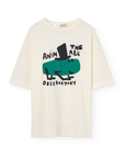 White t-shirt with graphic design and text on a white background